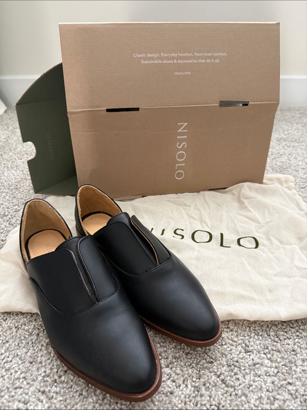 Nisolo Black Leather Slip-On Loafers with Brown Soles